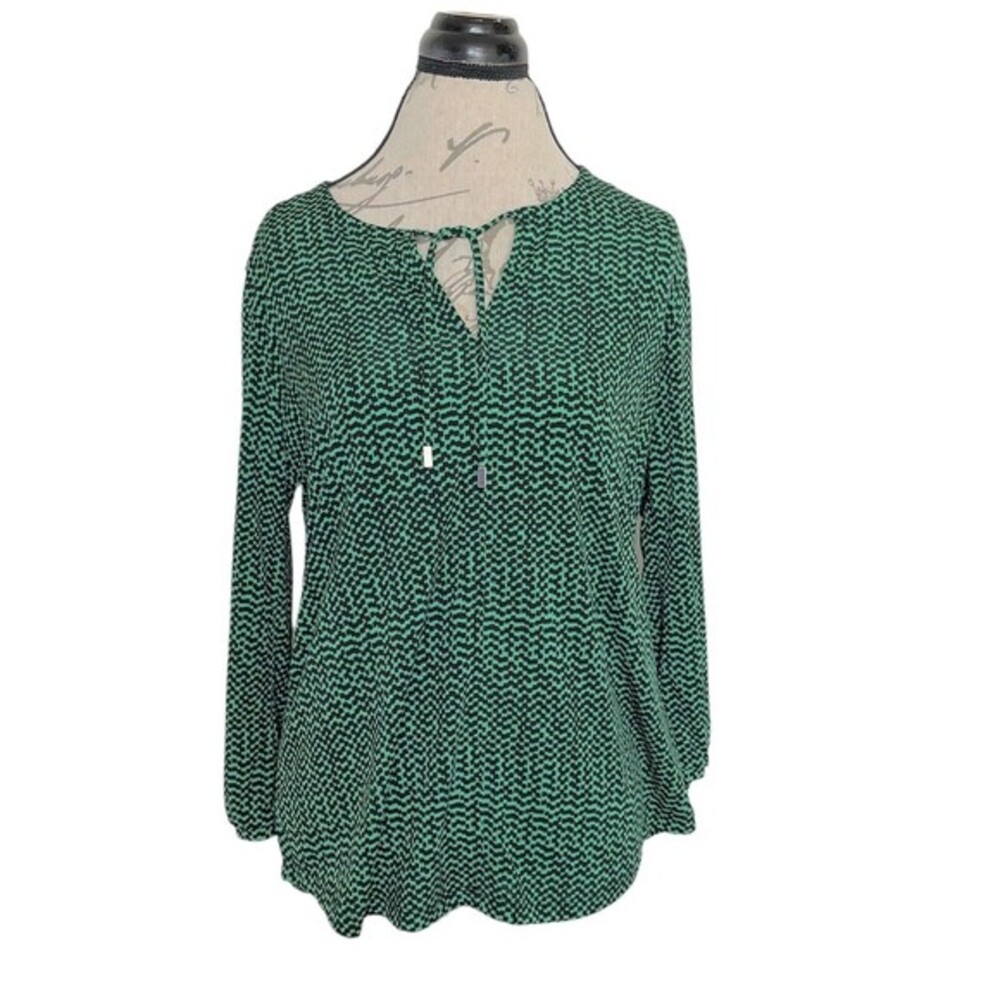 Liz Claiborne Womens Blouse Green Retro V Neckline Geometric Print Size Medium